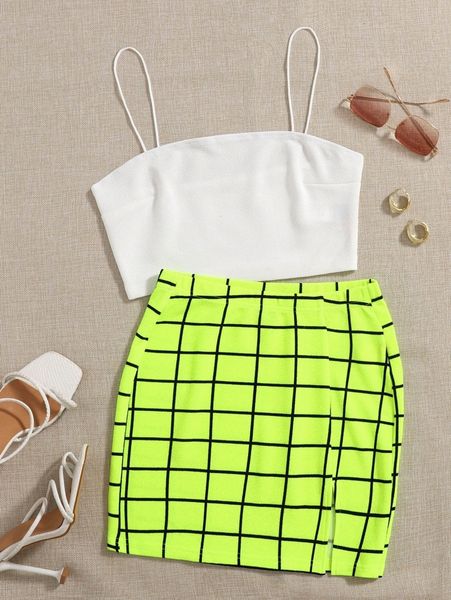 solid cami & neon green split hem grid skirt set i8bo#, White
solid cami & neon green split hem grid skirt set i8bo#, White