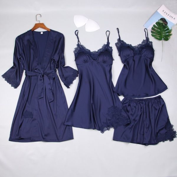 women's summer pajama sets 4 pcs lace pyjamas women satin silk sleepwear elegant pijama with chest pads homewear hjdb, Black;red
women's summer pajama sets 4 pcs lace pyjamas women satin silk sleepwear elegant pijama with chest pads homewear hjdb, Black;red