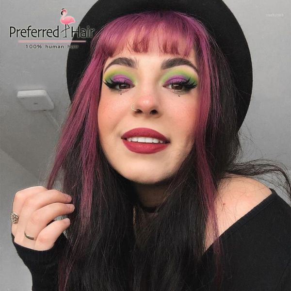 preferred brazilian remy hair natural straight highlight wig pre plucked ombre human with bangs for black women1, Black;brown 
preferred brazilian remy hair natural straight highlight wig pre plucked ombre human with bangs for black women1, Black;brown