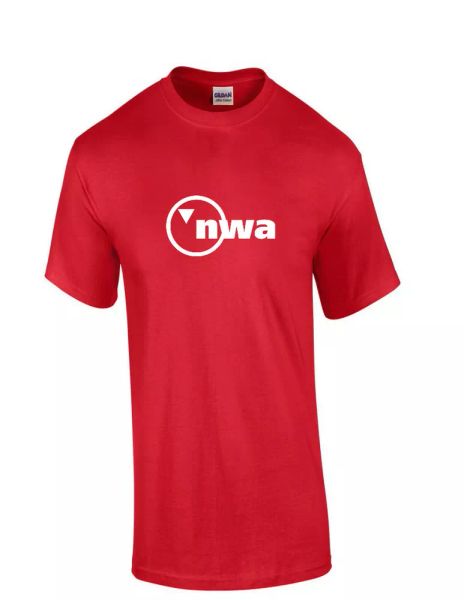 nwa north west airlines us aviation white logo red cotton t-shirt, White;black
nwa north west airlines us aviation white logo red cotton t-shirt, White;black