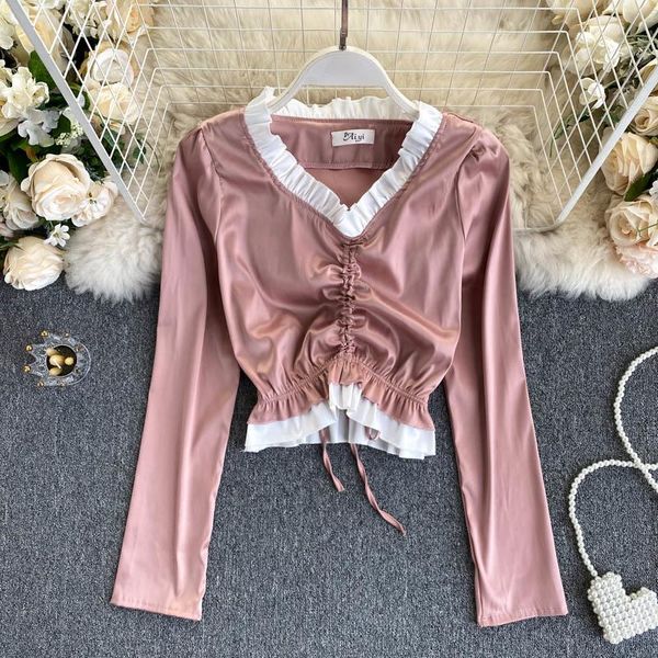 women's blouses & shirts chic sweet edge contrast stitching drawstring pleated v-neck slim fit short autumn long sleeve shirt, White
women's blouses & shirts chic sweet edge contrast stitching drawstring pleated v-neck slim fit short autumn long sleeve shirt, White
