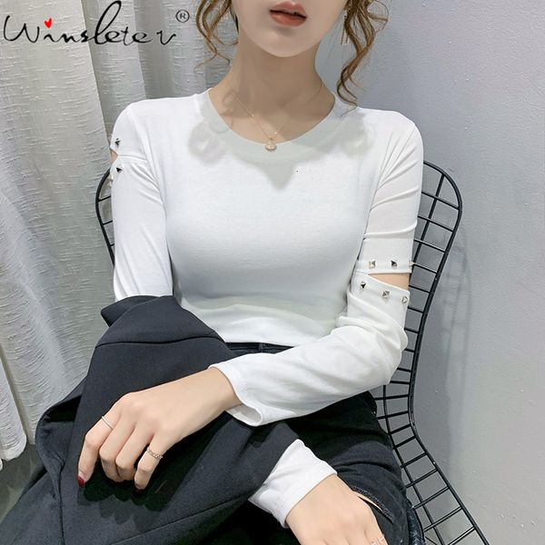 women's t-shirt spring fall korean style short women ropa mujer all match cotton long sleeve rivet hollow out tees t0n22, White
women's t-shirt spring fall korean style short women ropa mujer all match cotton long sleeve rivet hollow out tees t0n22, White