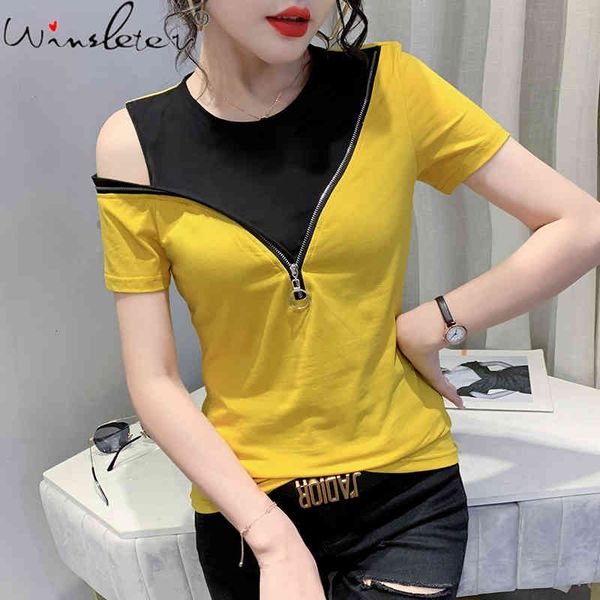 women's t-shirt summer korean style cotton off shoulder fashion color blocking zipper women short sleeve tees 2021 t1471, White
women's t-shirt summer korean style cotton off shoulder fashion color blocking zipper women short sleeve tees 2021 t1471, White