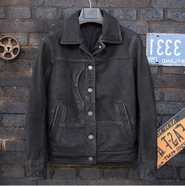men's leather & faux autumn winter cowhide genuine jacket leisure fashion style motorcycle clothing lapel slim fit single-breasted, Black