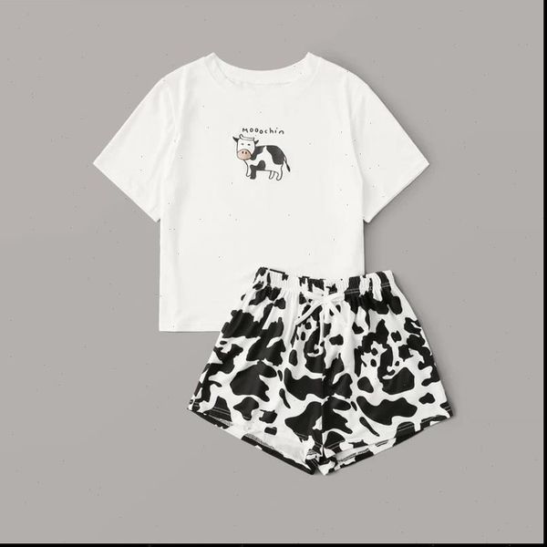 cow letter printed nightgowns women sleepwear summer cotton pajama set casual short sleeve t shirt and shorts home clothes, Black;red 
cow letter printed nightgowns women sleepwear summer cotton pajama set casual short sleeve t shirt and shorts home clothes, Black;red