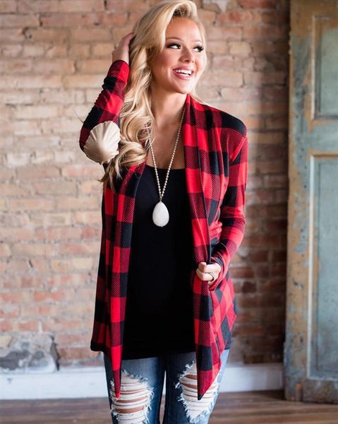 womens autumn red plaid cardigans sweater long sleeve elbow patch draped open front shirt blouse, White;black
womens autumn red plaid cardigans sweater long sleeve elbow patch draped open front shirt blouse, White;black