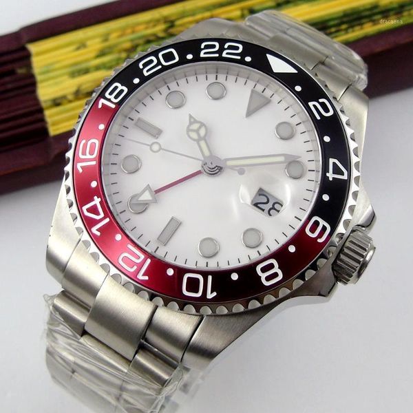 wristwatches 40mm white sterile dial sapphire glass date luminous red black bezel steel bracelet gmt automatic movement men's watch, Slivery;brown
wristwatches 40mm white sterile dial sapphire glass date luminous red black bezel steel bracelet gmt automatic movement men's watch, Slivery;brown