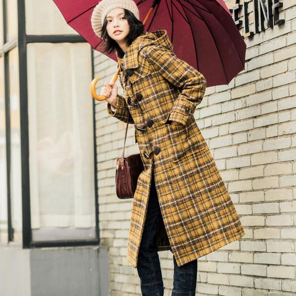 women's wool & blends women winter warm long coat turmeric duffle overcoat chic horn button woolen yellow ladies british plaid vintage, Black
women's wool & blends women winter warm long coat turmeric duffle overcoat chic horn button woolen yellow ladies british plaid vintage, Black