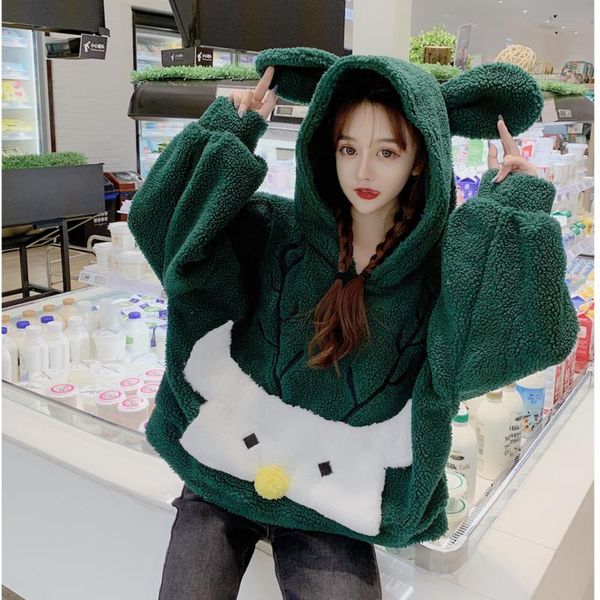 women's hoodies & sweatshirts 2021 loose age-reducing cute cartoon ear reindeer green long sleeve sweatshirt thickened imitation lamb f, Black
women's hoodies & sweatshirts 2021 loose age-reducing cute cartoon ear reindeer green long sleeve sweatshirt thickened imitation lamb f, Black