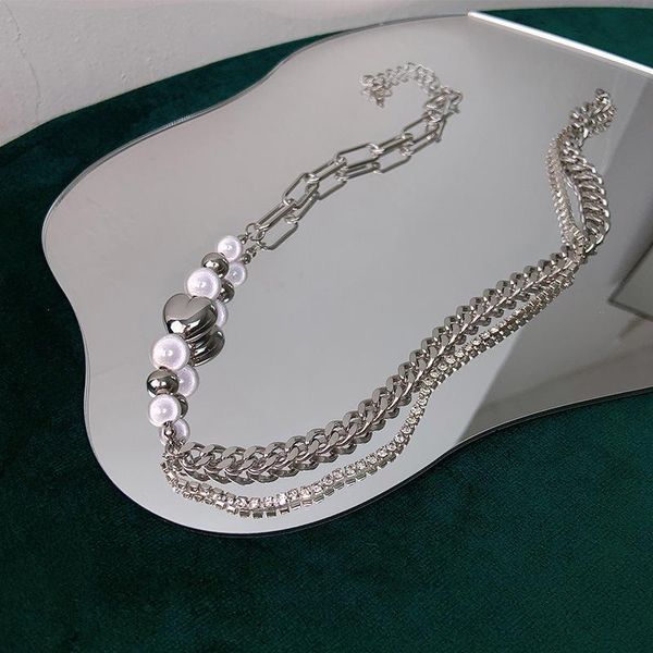 chains reflective pearl letters double layer necklace for women heart shape clavicle chain female hip hop trendy chokers party jewelry, Silver 
chains reflective pearl letters double layer necklace for women heart shape clavicle chain female hip hop trendy chokers party jewelry, Silver