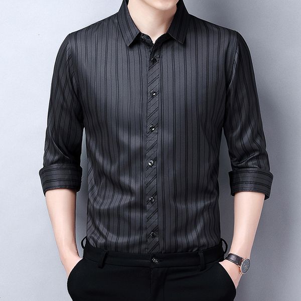 2021 spring and autumn leisure long sleeve shirt men's vertical stripe men's inch shirt men, Black