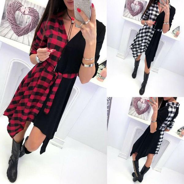 women check shirt knee dress ladies long sleeve plaid romper mini v neck loose color matching irregular lady vestido casual dresses, Black;gray
women check shirt knee dress ladies long sleeve plaid romper mini v neck loose color matching irregular lady vestido casual dresses, Black;gray