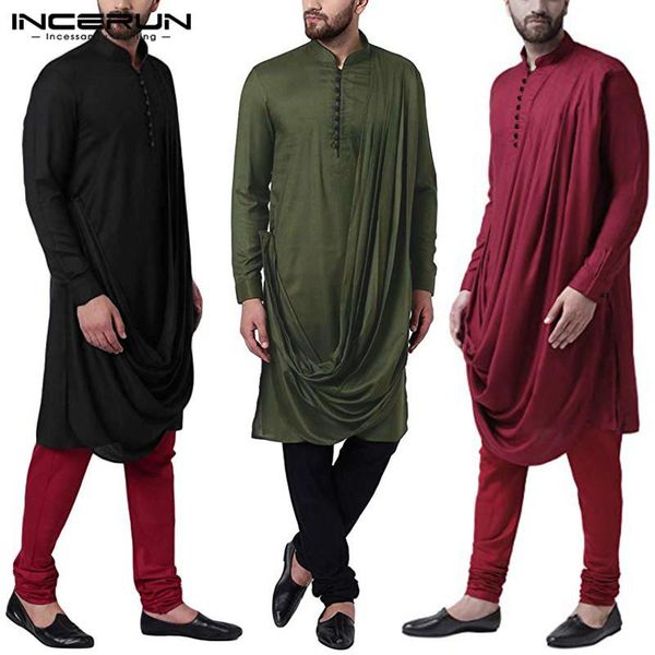 men's casual shirts incerun men solid color irregular shirt stand collar vintage long sleeve button muslim, White;black
men's casual shirts incerun men solid color irregular shirt stand collar vintage long sleeve button muslim, White;black