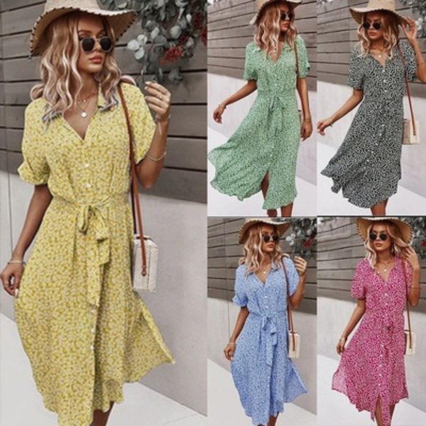 spring bandage dress women casual short sleeve button floral print sundress summer holiday style dresses for womens, Black;gray
spring bandage dress women casual short sleeve button floral print sundress summer holiday style dresses for womens, Black;gray