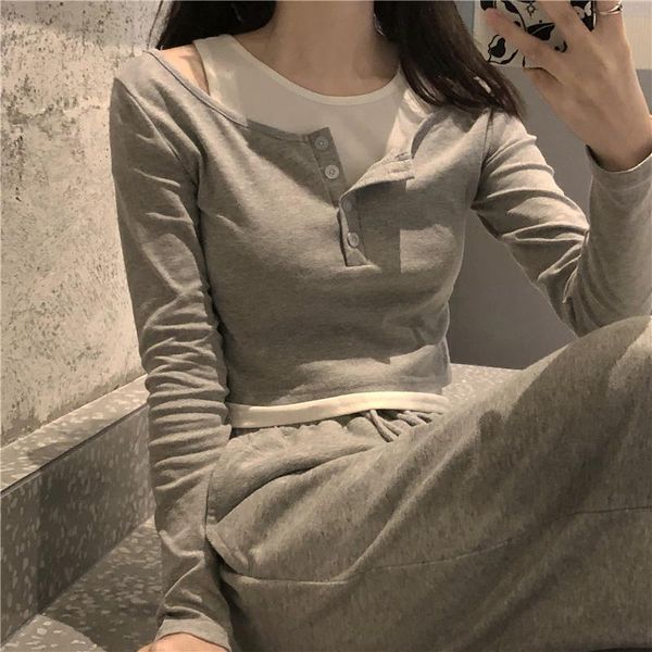 women's t-shirt spring korean style chic long sleeve off shoulder women fake two patchwork shirt female tee woman, White
women's t-shirt spring korean style chic long sleeve off shoulder women fake two patchwork shirt female tee woman, White