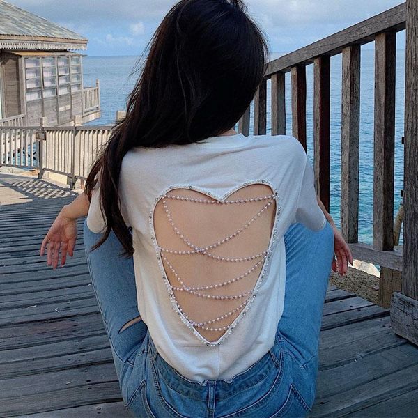 women's t-shirt backless summer solid o-neck pearl hollow loose club sweet casual streetwear women playa 14916, White
women's t-shirt backless summer solid o-neck pearl hollow loose club sweet casual streetwear women playa 14916, White