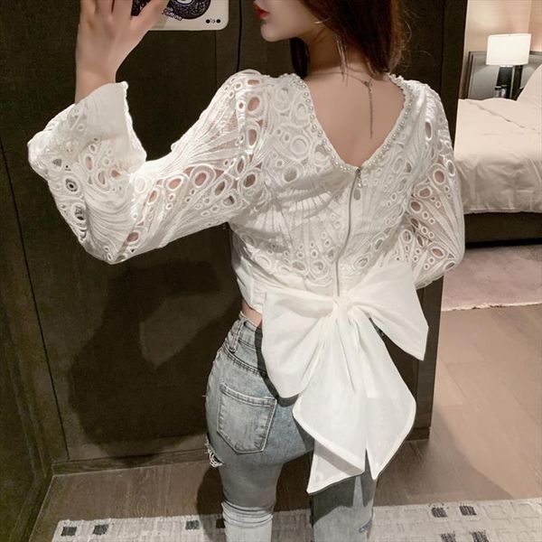 spring western style women blouses v neck beaded puff sleeve design sense hollow bow lace shirt short, White
spring western style women blouses v neck beaded puff sleeve design sense hollow bow lace shirt short, White