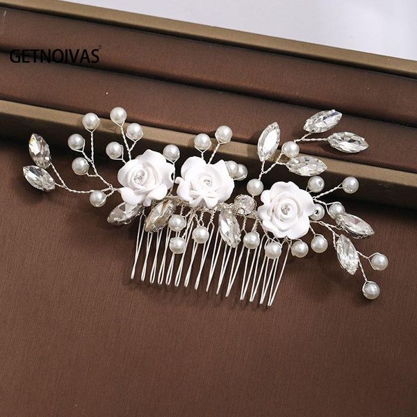 hair clips & barrettes bridal white flowers handmade women beaded flower ornaments wedding coils of the bride's comb sl, Golden;silver