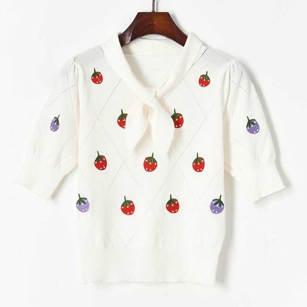 sweet strawberry embroidery cross collar short sleeve pullovers summer plaid female fashion elegant thin sweaters 210525, White;black
sweet strawberry embroidery cross collar short sleeve pullovers summer plaid female fashion elegant thin sweaters 210525, White;black
