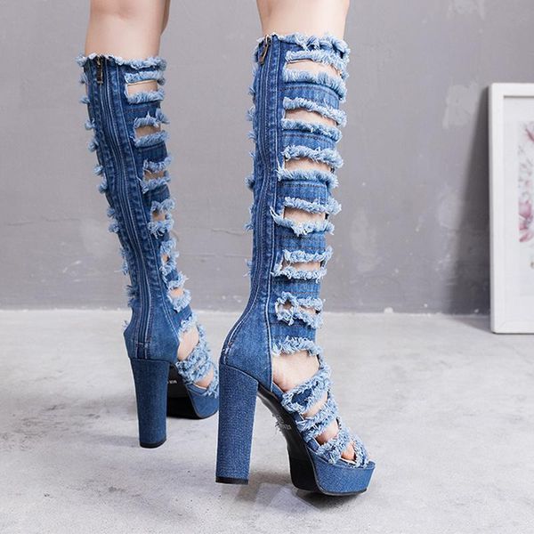 peep toe knee high denim boots cutout gladiator summer botas mujer platform chunky heel women jean shoes p03b, Black
peep toe knee high denim boots cutout gladiator summer botas mujer platform chunky heel women jean shoes p03b, Black