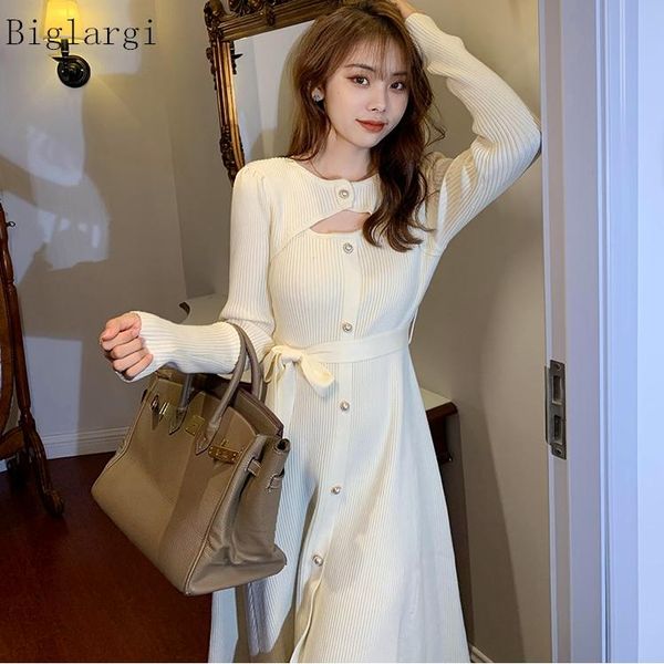 slim knitted dress women autumn winter 2021 korean hollow out mid dresses office ladies long sleeve sweater arrival casual, Black;gray 
slim knitted dress women autumn winter 2021 korean hollow out mid dresses office ladies long sleeve sweater arrival casual, Black;gray