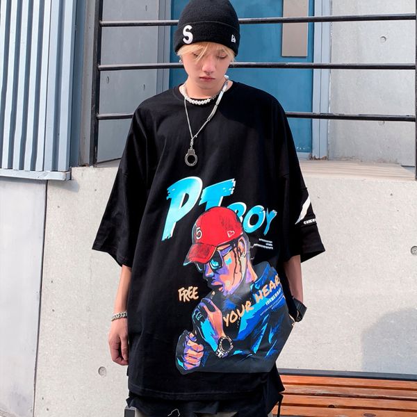 t shirt 2021 summer men's high street fashion brand rap loose over size short sleeve, White;black
t shirt 2021 summer men's high street fashion brand rap loose over size short sleeve, White;black