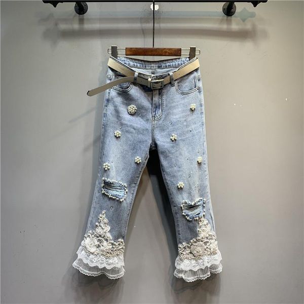 women's jeans beaded rhinestone lace stitching three-dimensional flower light-colored mori girl western style cropped bootcut trousers, Blue
women's jeans beaded rhinestone lace stitching three-dimensional flower light-colored mori girl western style cropped bootcut trousers, Blue