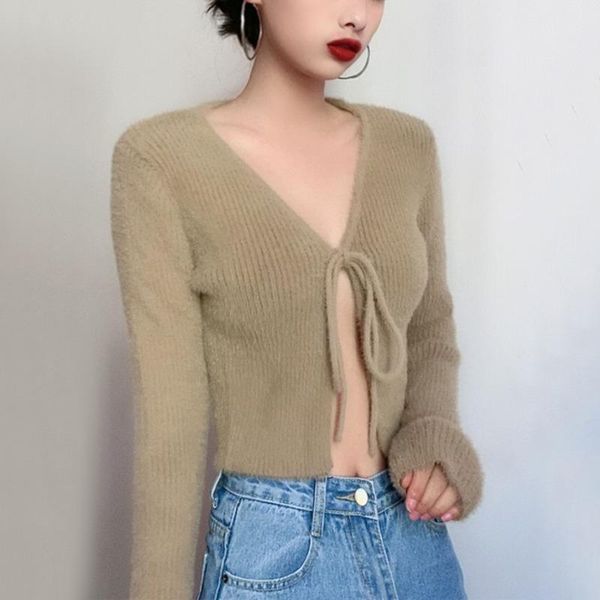 women's knits & tees women tie front fluffy cropped cardigan in rib a892, White
women's knits & tees women tie front fluffy cropped cardigan in rib a892, White