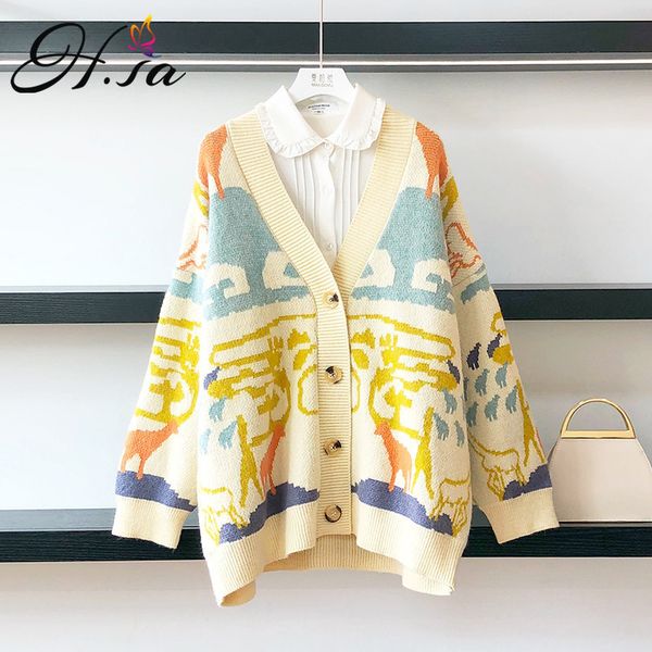 h.sa women winter v neck casual knit jackets black white cartoon cute sweater cardigans oversized coat 210417, White;black 
h.sa women winter v neck casual knit jackets black white cartoon cute sweater cardigans oversized coat 210417, White;black