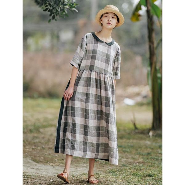 casual dresses 2021 spring and summer linen dress women's check doll collar loose thin cotton length 2021019, Black;gray
casual dresses 2021 spring and summer linen dress women's check doll collar loose thin cotton length 2021019, Black;gray