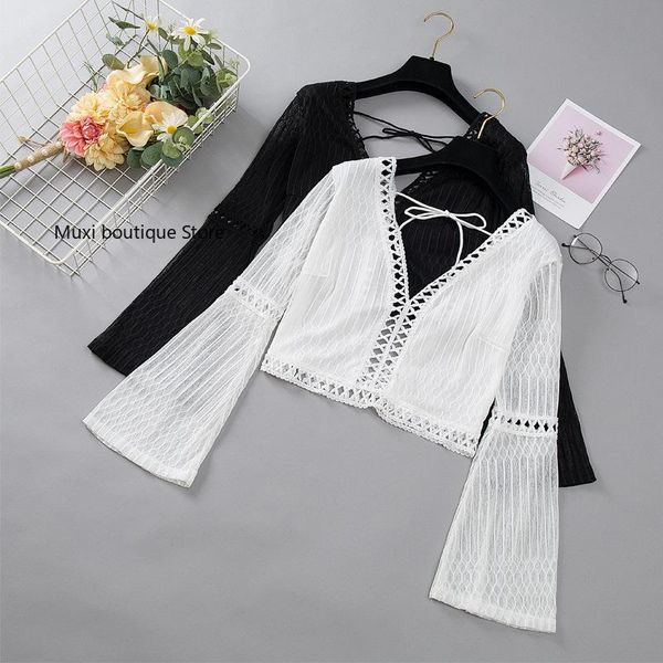 women's t-shirt women beach holiday deep v-neck horn long sleeve perspective mesh hollow stitching navel bottoming woment-shirt, White
women's t-shirt women beach holiday deep v-neck horn long sleeve perspective mesh hollow stitching navel bottoming woment-shirt, White