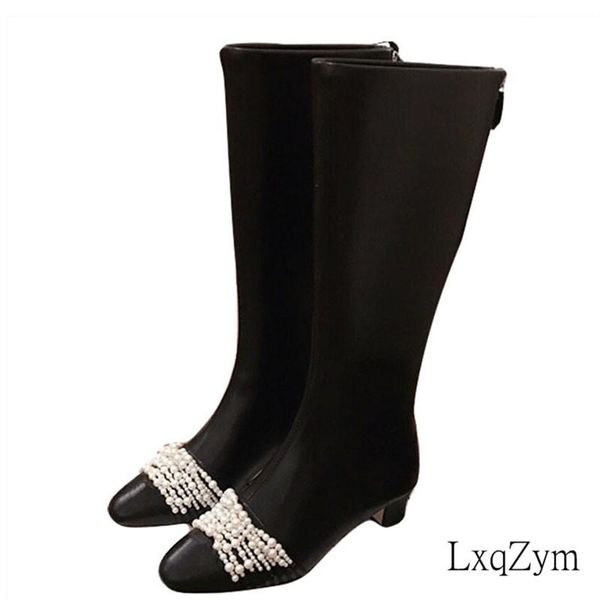 boots luxury design winter pearl string chain knee high for women real leather british style round toe mid heel shoes, Black
boots luxury design winter pearl string chain knee high for women real leather british style round toe mid heel shoes, Black