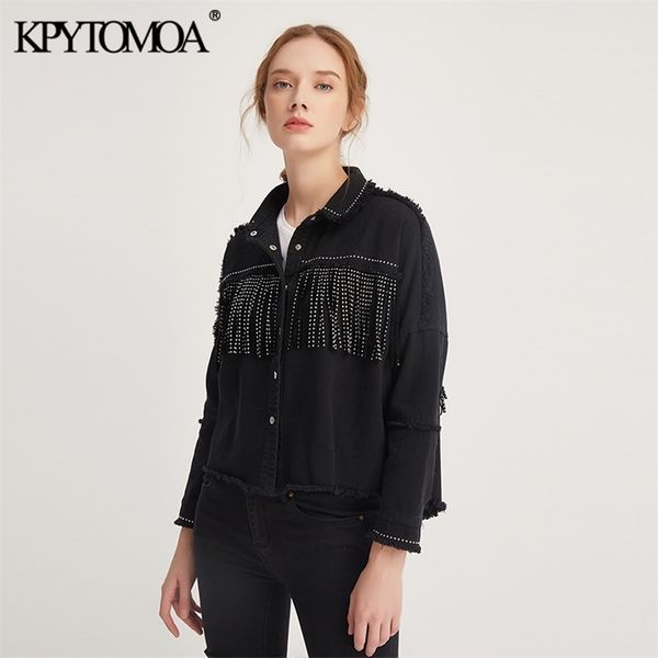 kpytomoa women fashion tassel beaded oversized denim jacket coat vintage long sleeve frayed hem female outerwear chic 210818, Black;brown
kpytomoa women fashion tassel beaded oversized denim jacket coat vintage long sleeve frayed hem female outerwear chic 210818, Black;brown