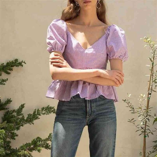 summer women's casual plaid v-neck short-sleeved ruffled decorative shirt 210430, White
summer women's casual plaid v-neck short-sleeved ruffled decorative shirt 210430, White