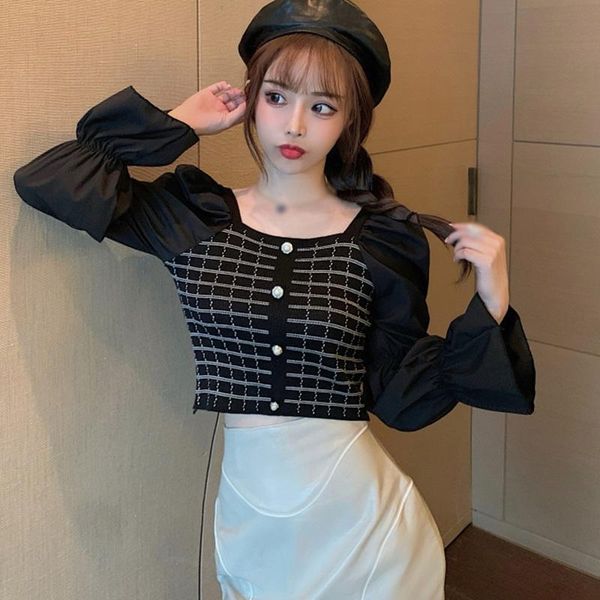women's t-shirt women square collar plaid t shirts slim casual patchwork knitted puff long sleeved female, White
women's t-shirt women square collar plaid t shirts slim casual patchwork knitted puff long sleeved female, White