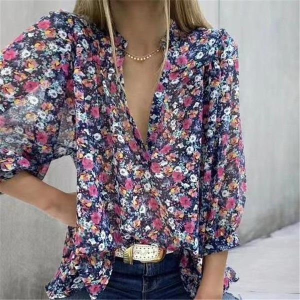 women's blouses & shirts women pirnted blouse summer fashion loose nine quarter sleeve v-neck casual lugentolo, White
women's blouses & shirts women pirnted blouse summer fashion loose nine quarter sleeve v-neck casual lugentolo, White