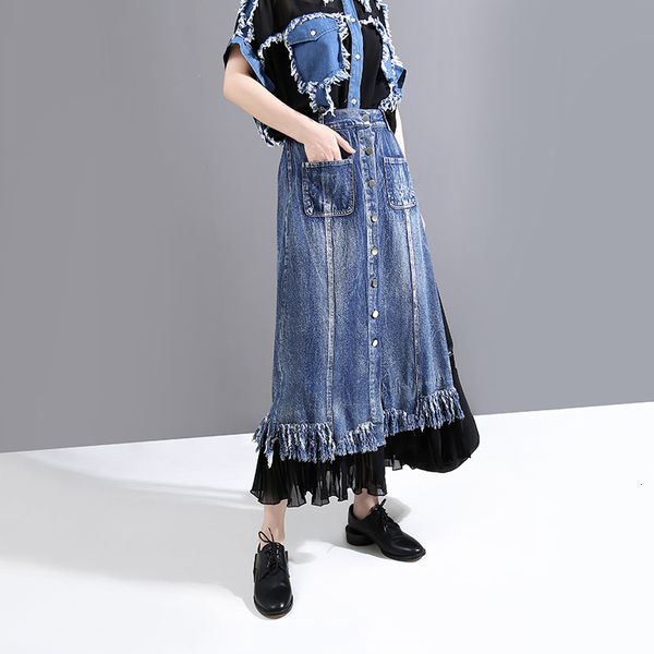women's casual vintage elastic flared pleated midi denim jean skirt splicing mesh high waist femme jupes with belt s206, Black
women's casual vintage elastic flared pleated midi denim jean skirt splicing mesh high waist femme jupes with belt s206, Black
