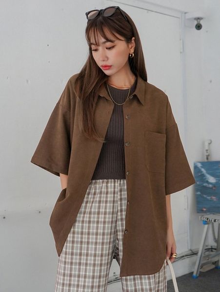 dazy drop shoulder pocket patched suede blouse s8pd#, White 
dazy drop shoulder pocket patched suede blouse s8pd#, White