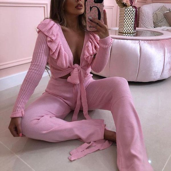 women's two piece pants yana fashion v neck tie belt suits women elegant ruffles long sleeve knitted suit solid full length ladies, White
women's two piece pants yana fashion v neck tie belt suits women elegant ruffles long sleeve knitted suit solid full length ladies, White