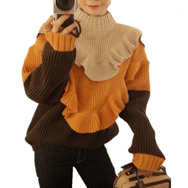 est autumn winter korean chic turtleneck sweaters ruffles pullovers patchwork loose warm casual knitted sweater women's, White;black
est autumn winter korean chic turtleneck sweaters ruffles pullovers patchwork loose warm casual knitted sweater women's, White;black