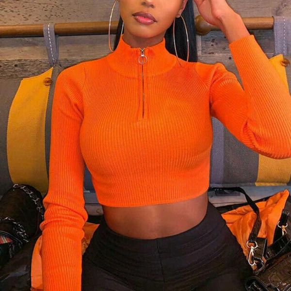 women's blouses & shirts women zipper crop fashion long-sleeved blouse solid color slim, White
women's blouses & shirts women zipper crop fashion long-sleeved blouse solid color slim, White