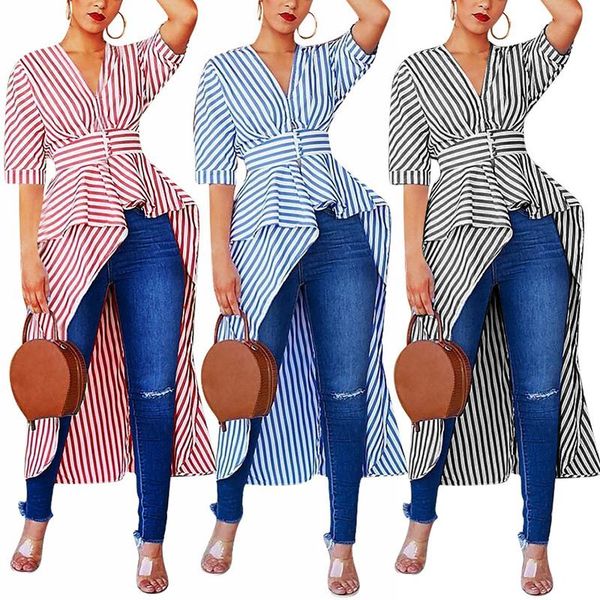 women's t-shirt women half sleeve striped asymmetric high low hem maxi long shirt for summer helh889, White
women's t-shirt women half sleeve striped asymmetric high low hem maxi long shirt for summer helh889, White