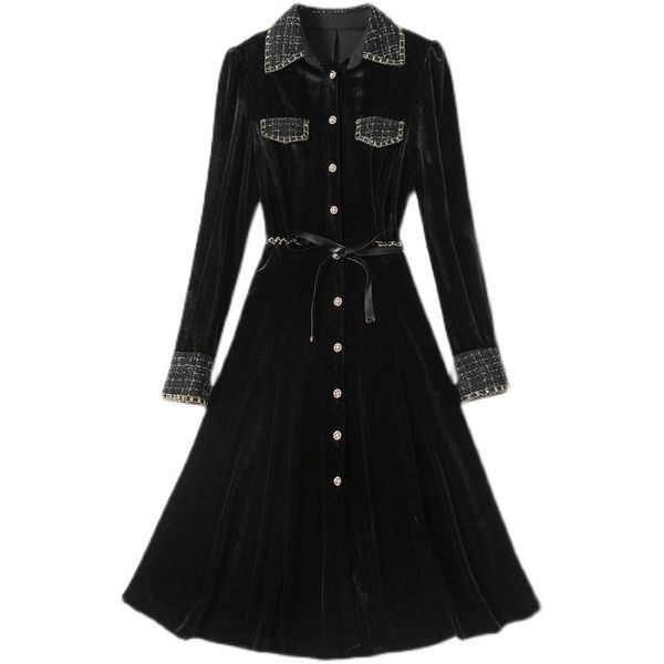 casual dresses winter autumn vintage black velvet dress ol shirt collar long sleeve single breast pockets woman overcoat outerwear s71826, Black;gray
casual dresses winter autumn vintage black velvet dress ol shirt collar long sleeve single breast pockets woman overcoat outerwear s71826, Black;gray