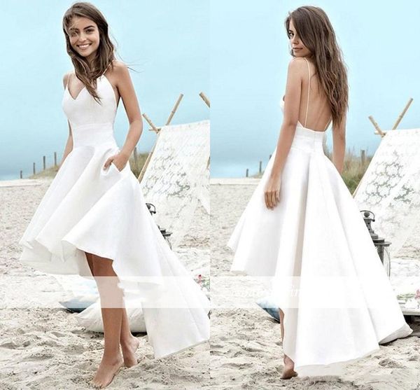 

High Low Short Wedding Dress 2021 A Line Summer Beach Boho Bridal Gowns Satin Backless Spaghetti Straps Party Dresses, White