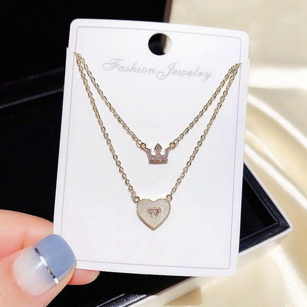 double layers chain necklace for women micro paved cubic zircon crown shell heart jewelry chains, Silver
double layers chain necklace for women micro paved cubic zircon crown shell heart jewelry chains, Silver
