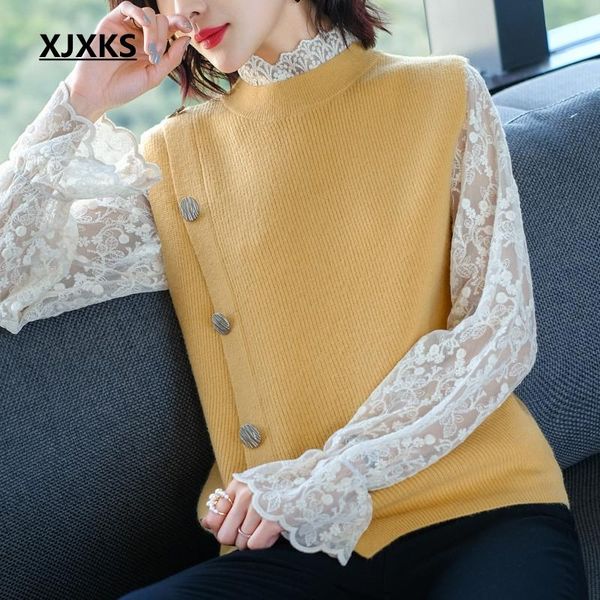 women's sweaters xjxks fashion 2 piece set spring autumn lace vest blends wool sweater vest elegant women, White;black
women's sweaters xjxks fashion 2 piece set spring autumn lace vest blends wool sweater vest elegant women, White;black