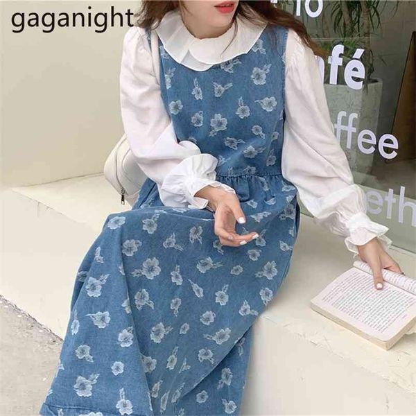 women two pieces set vintage floral print denim jeans strap dress+elegant long sleeve white shirt blouse suits femme 210601
women two pieces set vintage floral print denim jeans strap dress+elegant long sleeve white shirt blouse suits femme 210601