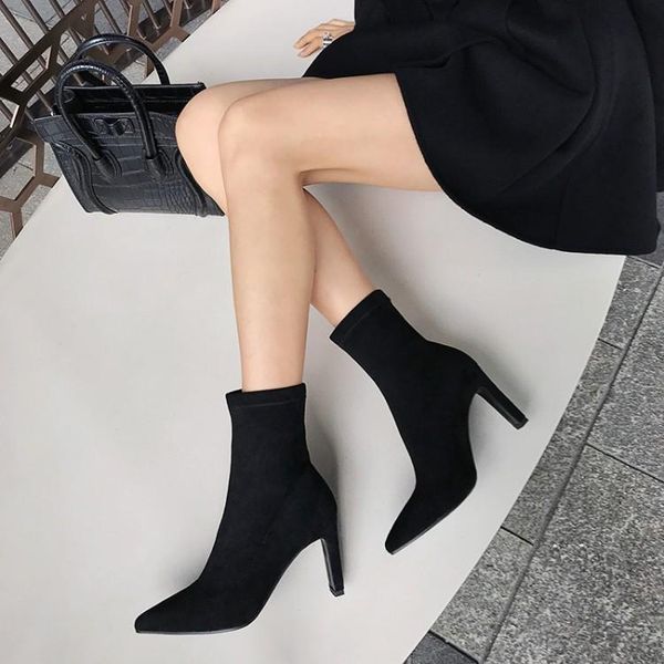 boots high heel elastic force sharp short socks, Black
