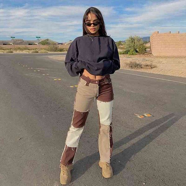 autumn patchwork high waist women jean straight pants casual denim trousers color block brown streetwear, Blue
autumn patchwork high waist women jean straight pants casual denim trousers color block brown streetwear, Blue