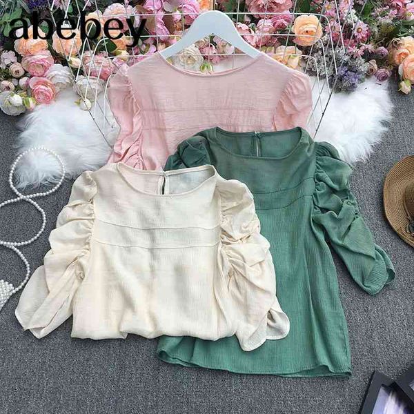 summer women korean fashion o-neck puff sleeve shirt pleated design loose casual solid color shirt 210715, White
summer women korean fashion o-neck puff sleeve shirt pleated design loose casual solid color shirt 210715, White